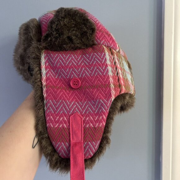 D&Y Trapper Hat Womens One Size Pink Shapka Plaid Winter Faux Fur Ear Flap - Picture 4 of 10